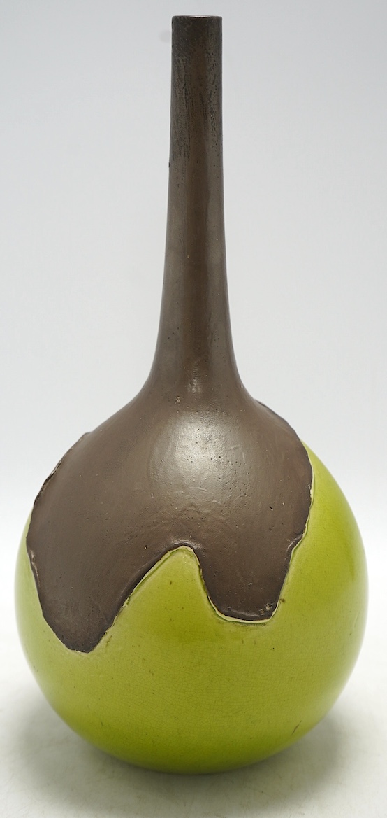 A Bretby two tone green and brown bottle vase, 31cm. Condition - fair, general crazing